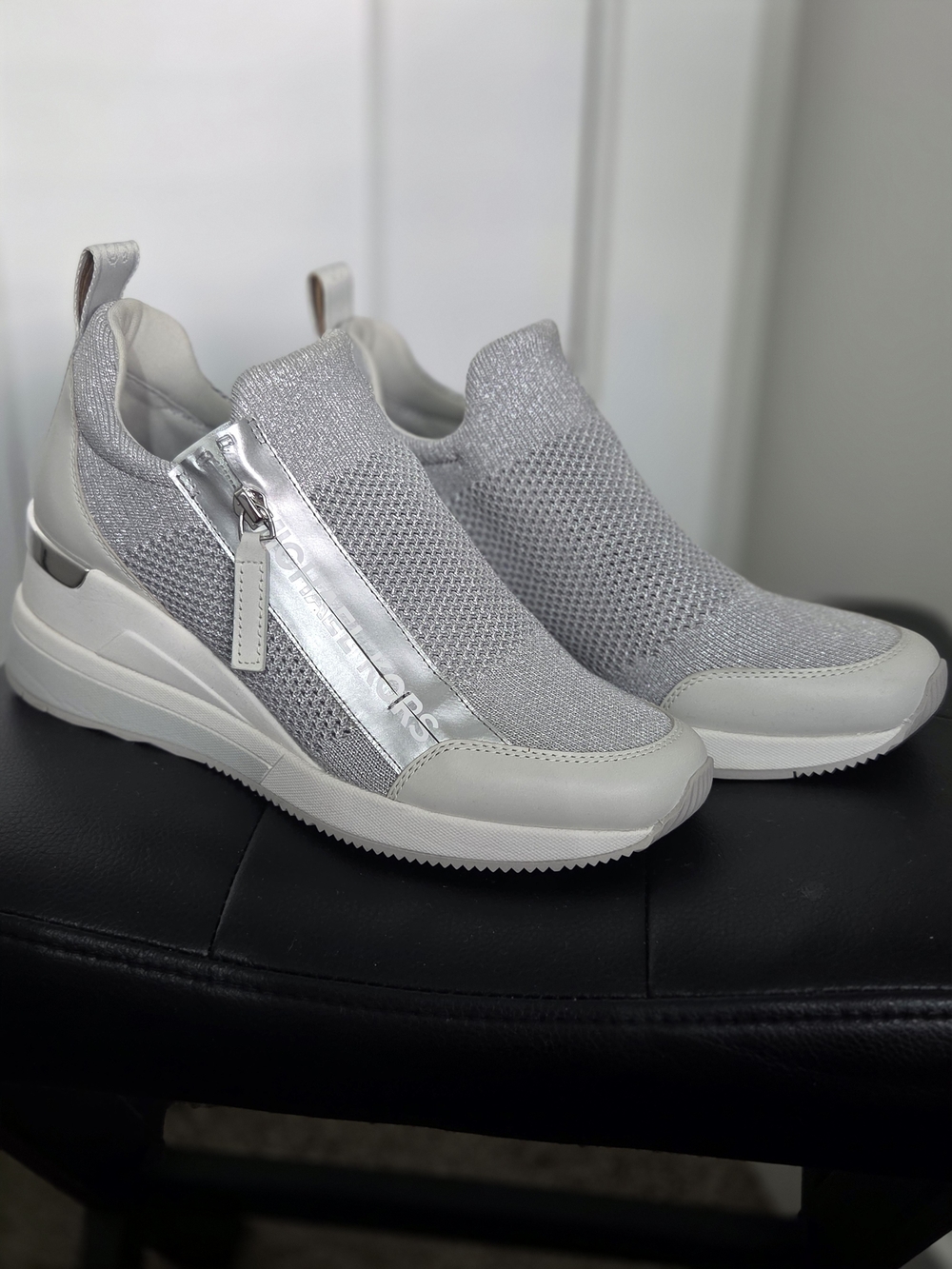 Micharl Kors Slip-On Knit Platform Sneakers in Silver